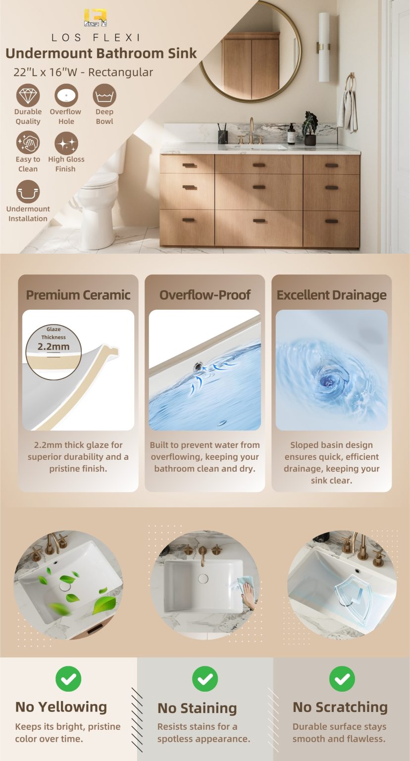 17 Los Flexi Rectangular Bathroom Undermount Sink 22″L x 16″W