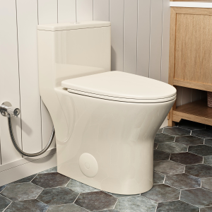 Los Flexi C 18″ Compact & Elongated One Piece Toilet Glossy Bone With Rimless Swirl Flush