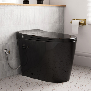 Los Flexi NE1 Non Electric One Piece Toilet, 1000g Map & 1.0 GPF, 17.3″ ADA & Elongated, Air Pressure Assisted, Button & Foot Kick Flush, Glossy Black Finish, 12″ Rough-in