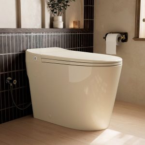 Los Flexi NE1 Non Electric One Piece Toilet, 1000g Map & 1.0 GPF, 17.3″ ADA & Elongated, Air Pressure Assisted, Button & Foot Kick Flush, Glossy Bone Finish, 12″ Rough-in
